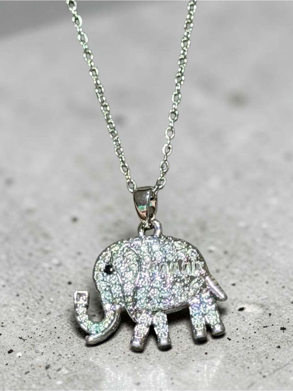 Stain Steel Silver-Tone Pave Elephant Pendant Necklace - Sparkling White